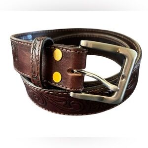 Hilason Genuine Leather Tooled Western Belt Size 36” Dk Brown Silver Buckle
